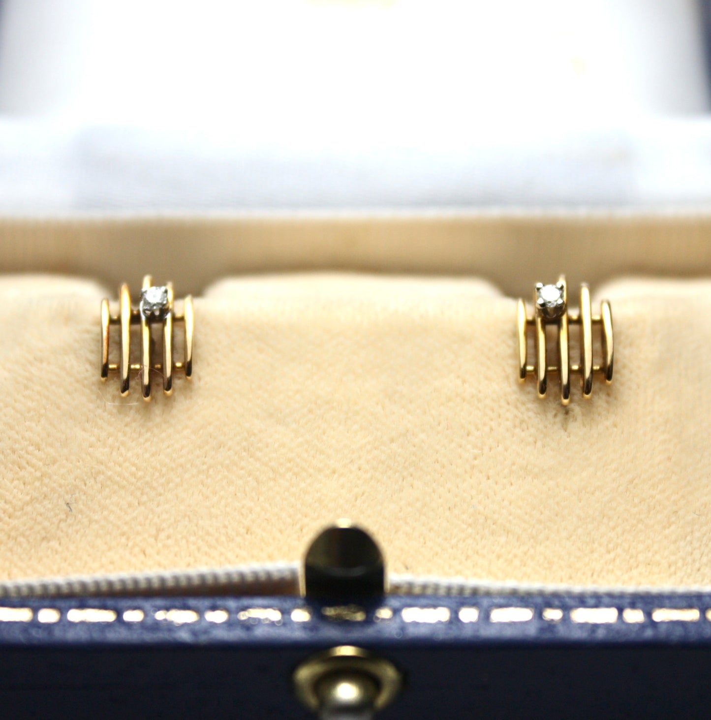 Vintage 9CT Gold Diamond Modernist Studs • Boxed Mappin & Webb Earrings