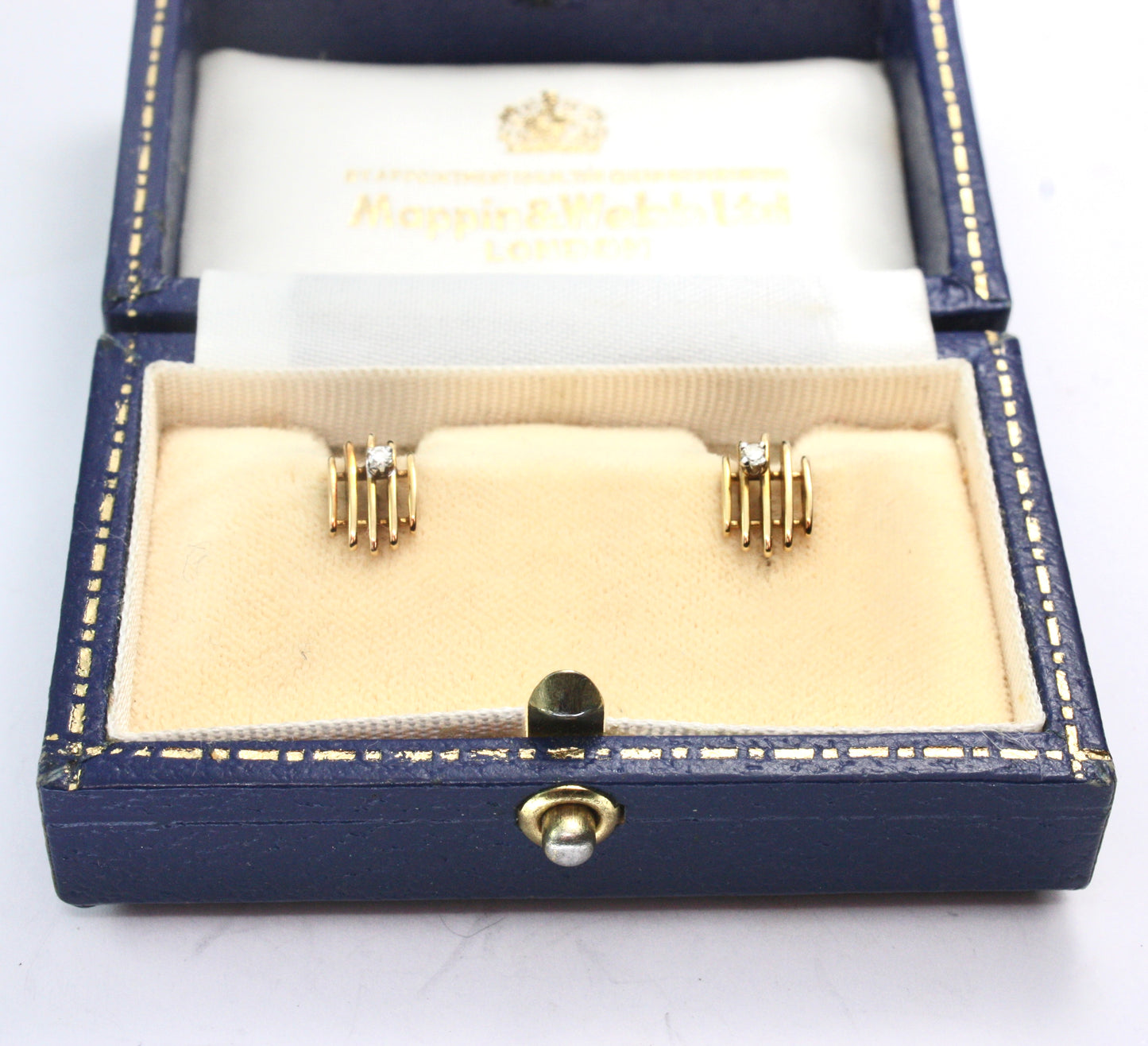 Vintage 9CT Gold Diamond Modernist Studs • Boxed Mappin & Webb Earrings