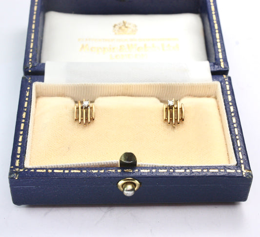 Vintage 9CT Gold Diamond Modernist Studs • Boxed Mappin & Webb Earrings