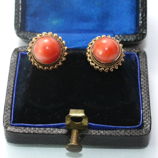 Vintage Coral Cabochon 9CT Gold Stud Earrings