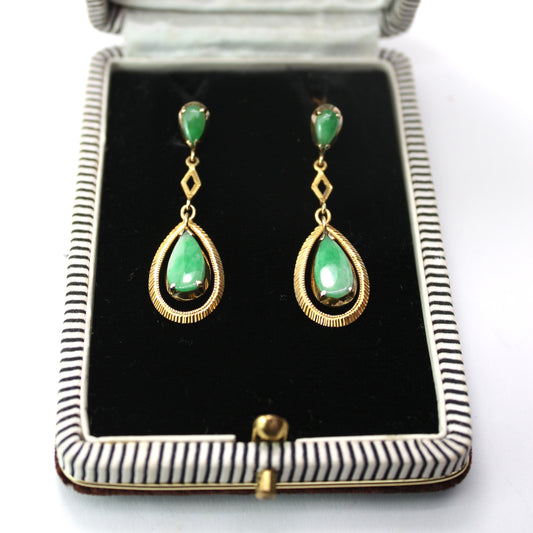 Vintage 9CT Gold Jade Teardrop Earrings