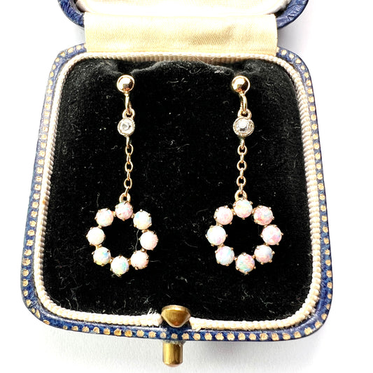Vintage 9CT Gold Opal Circle Drop Earrings