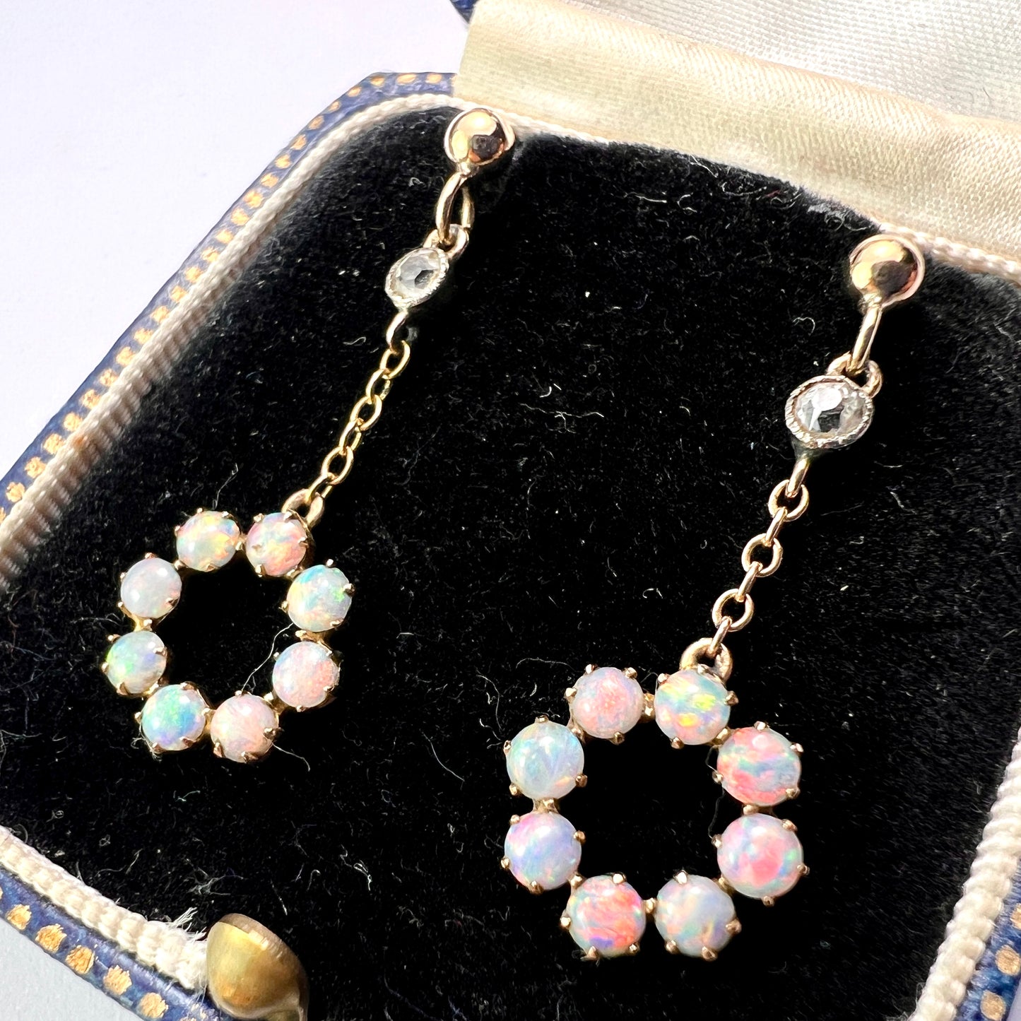Vintage 9CT Gold Opal Circle Drop Earrings
