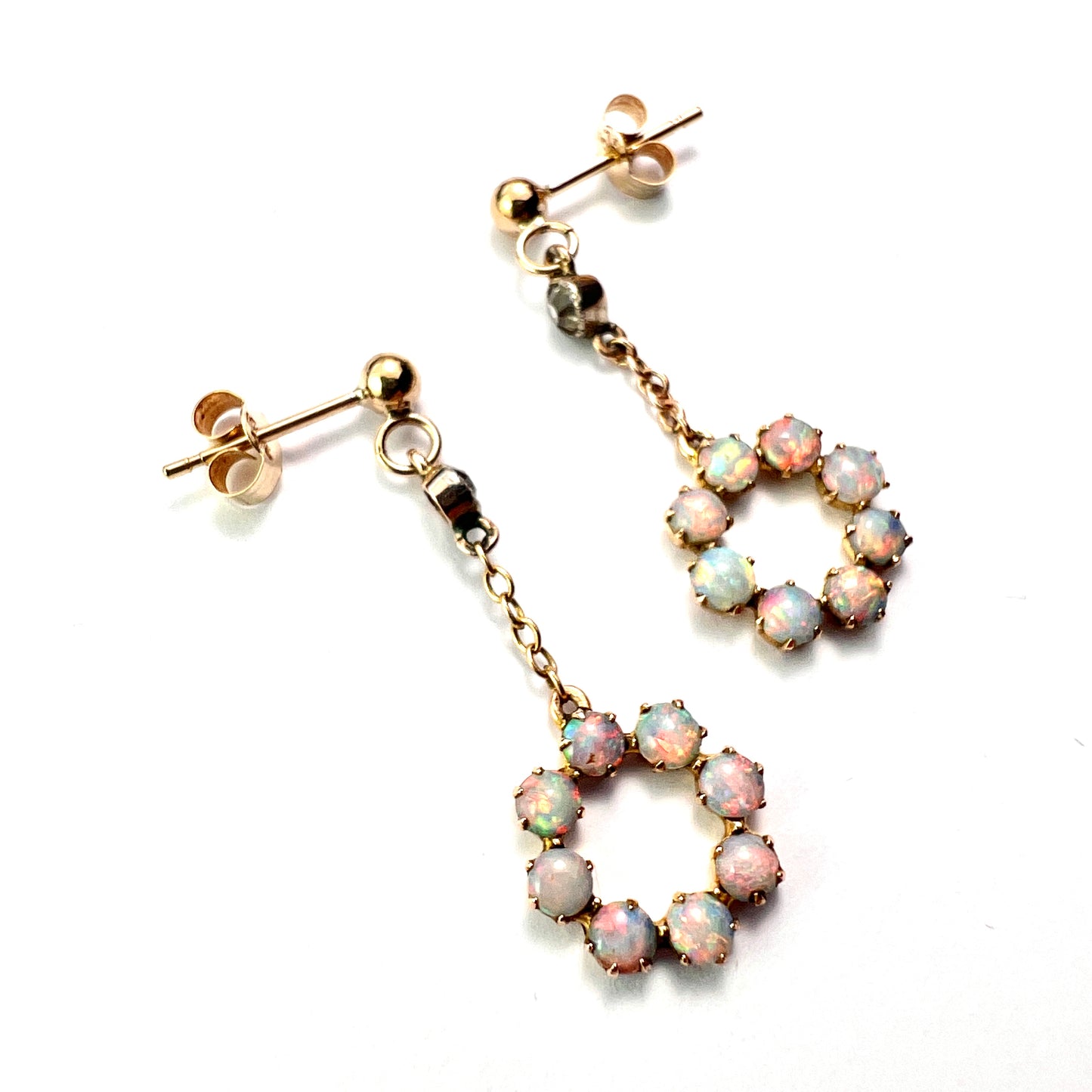 Vintage 9CT Gold Opal Circle Drop Earrings