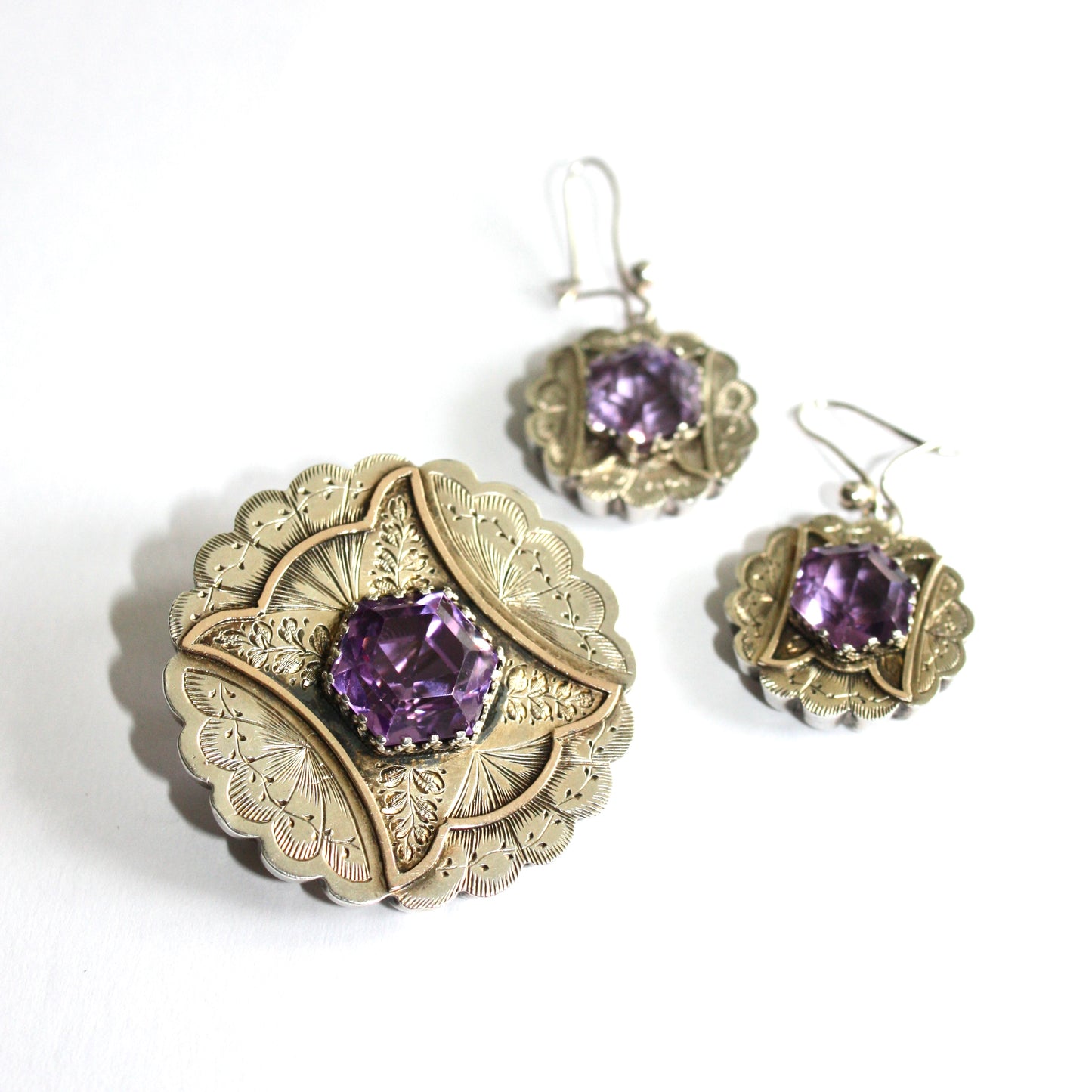 Victorian Amethyst Silver Earrings and Brooch