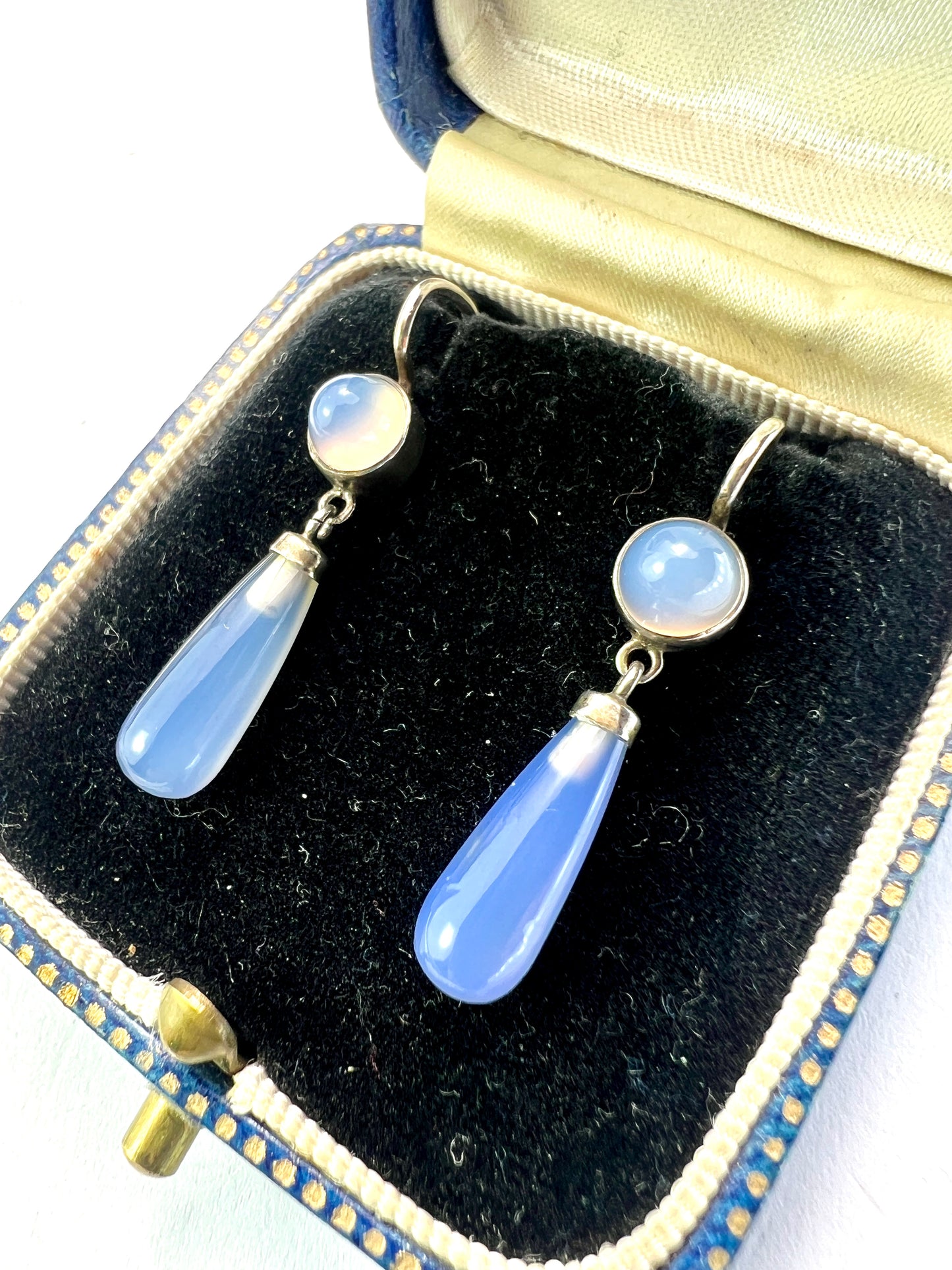 Antique Silver Chalcedony Teardrop Earrings