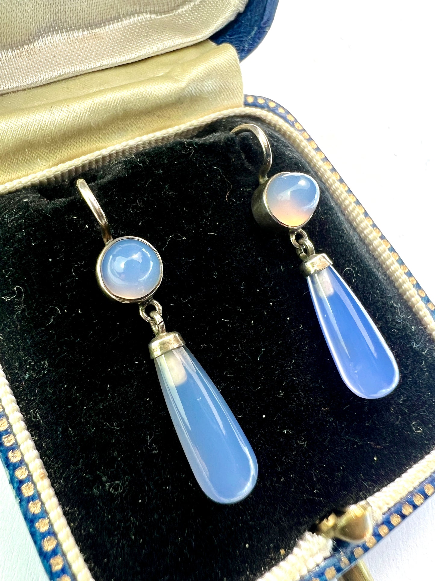 Antique Silver Chalcedony Teardrop Earrings