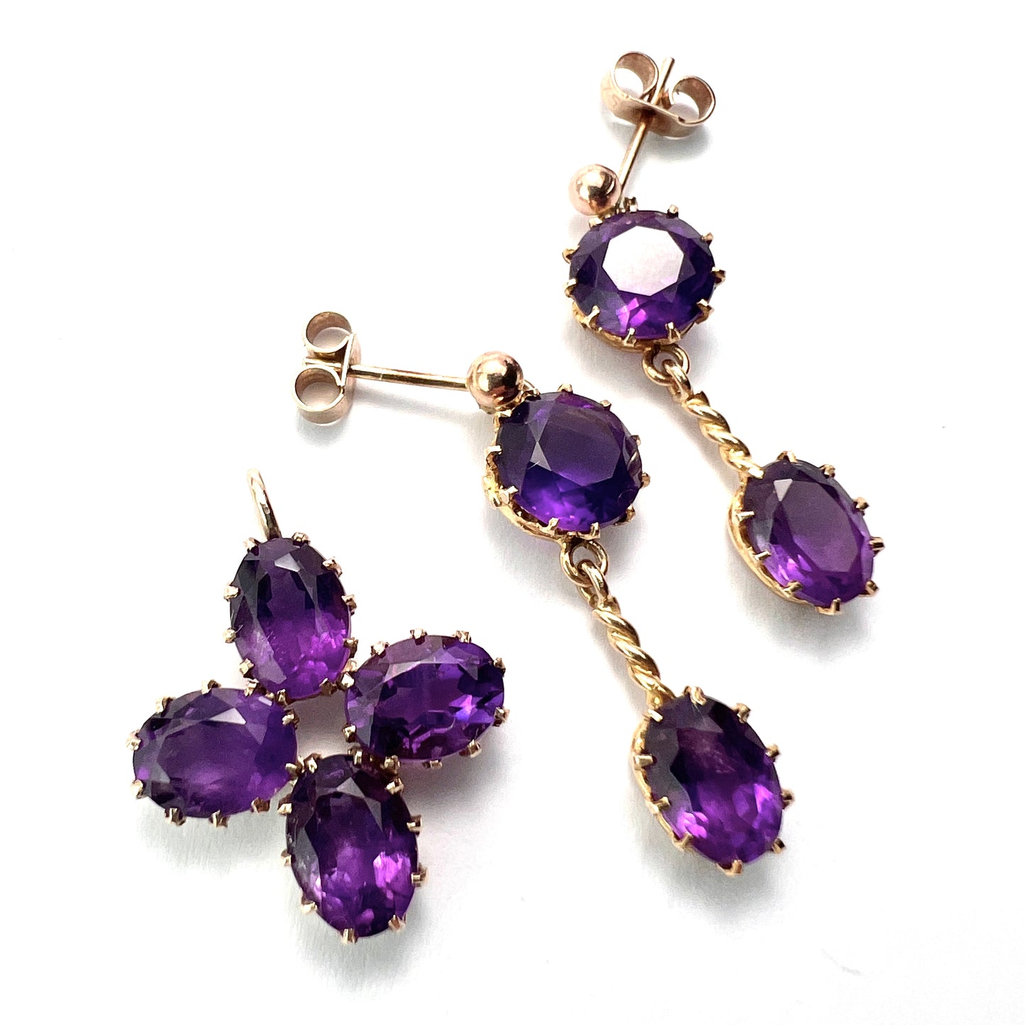 Victorian Style 9CT Gold Amethyst Cross Pendant and Earrings