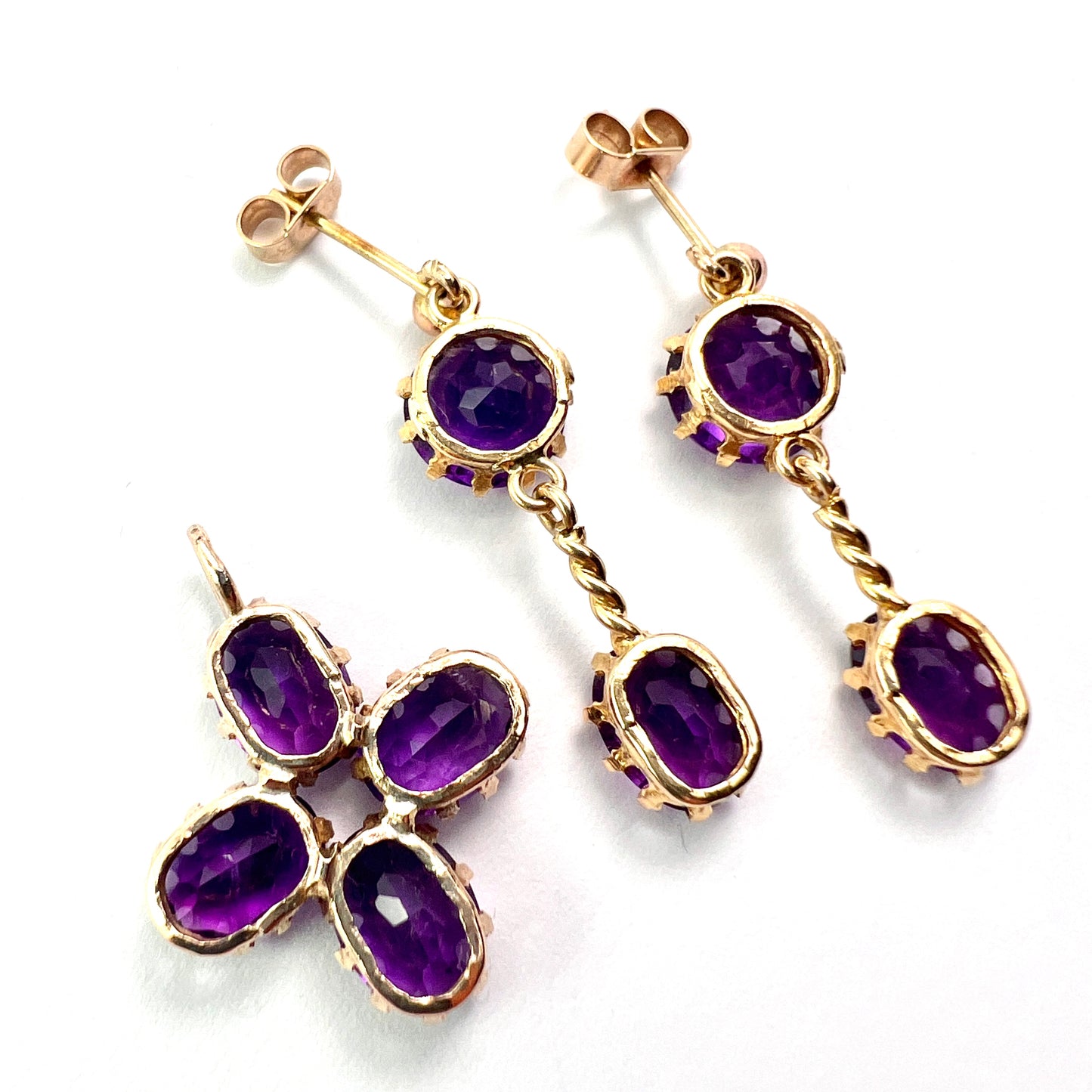 Victorian Style 9CT Gold Amethyst Cross Pendant and Earrings