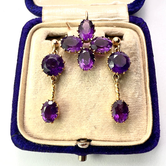 Victorian Style 9CT Gold Amethyst Cross Pendant and Earrings