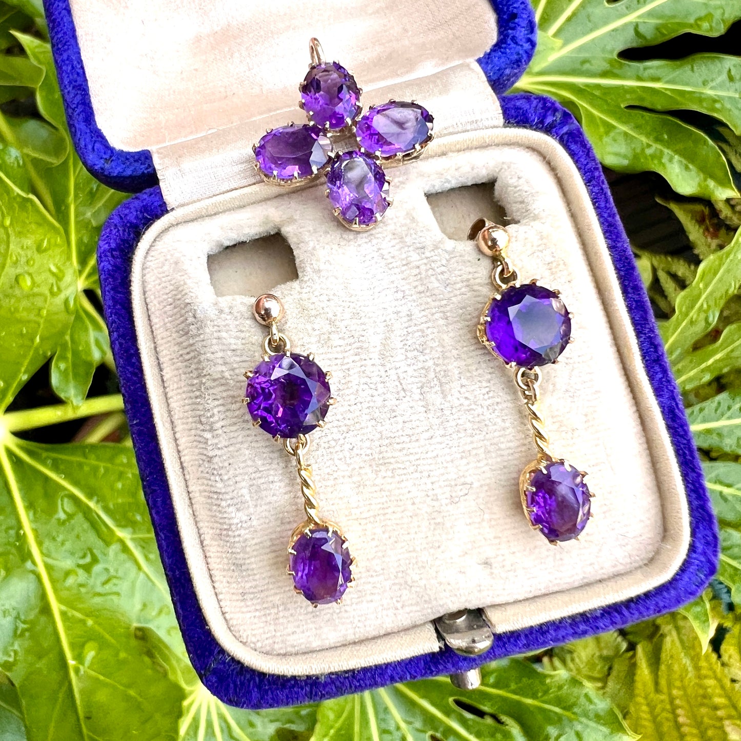 Victorian Style 9CT Gold Amethyst Cross Pendant and Earrings
