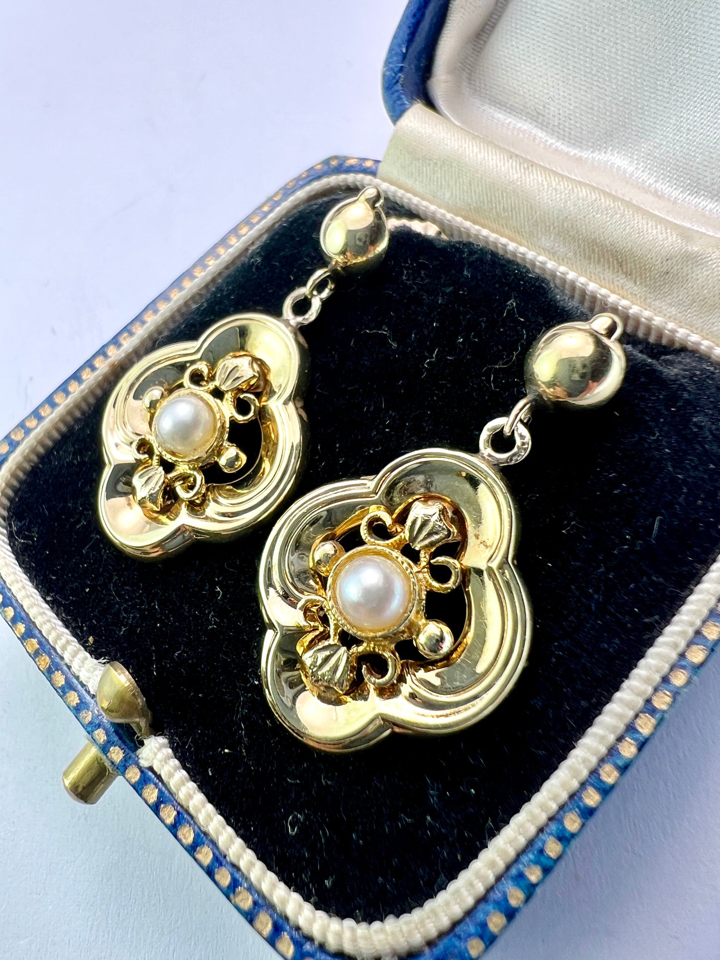 Victorian Style 9CT Gold Quatrefoil Pearl Earrings