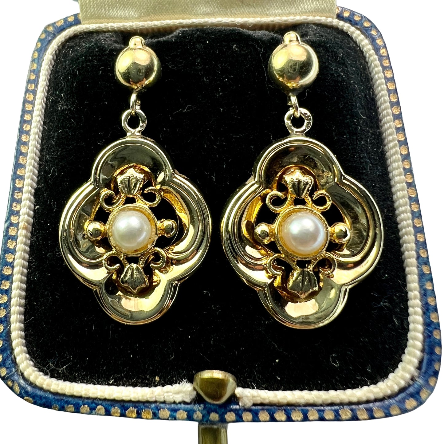 Victorian Style 9CT Gold Quatrefoil Pearl Earrings
