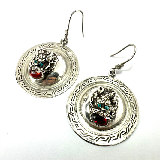 Vintage Silver Chinese Dragon Shield Earrings