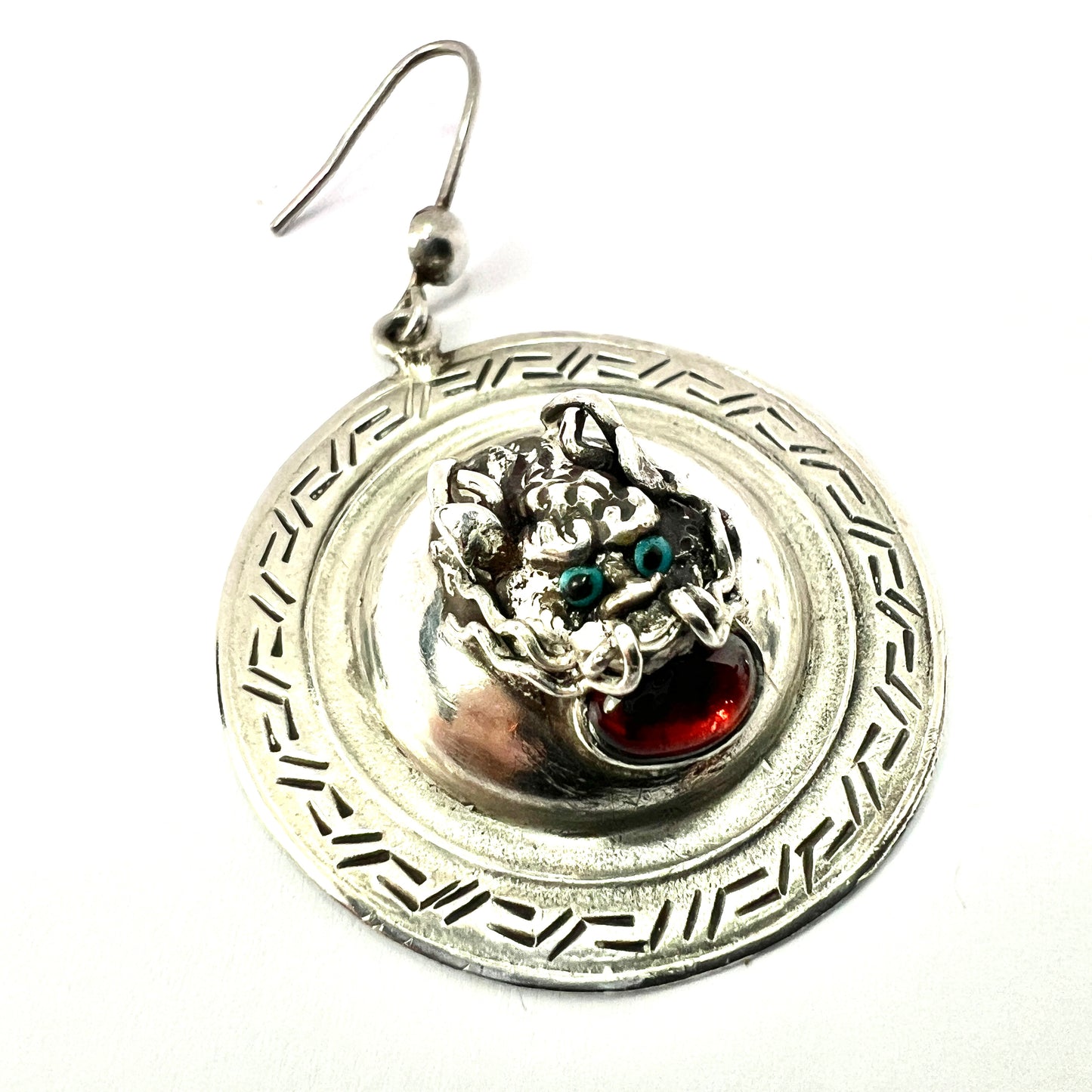 Vintage Silver Chinese Dragon Shield Earrings