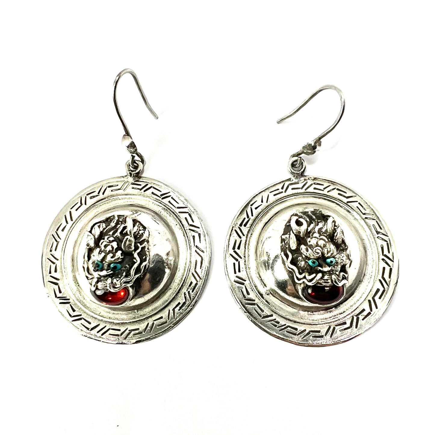 Vintage Silver Chinese Dragon Shield Earrings