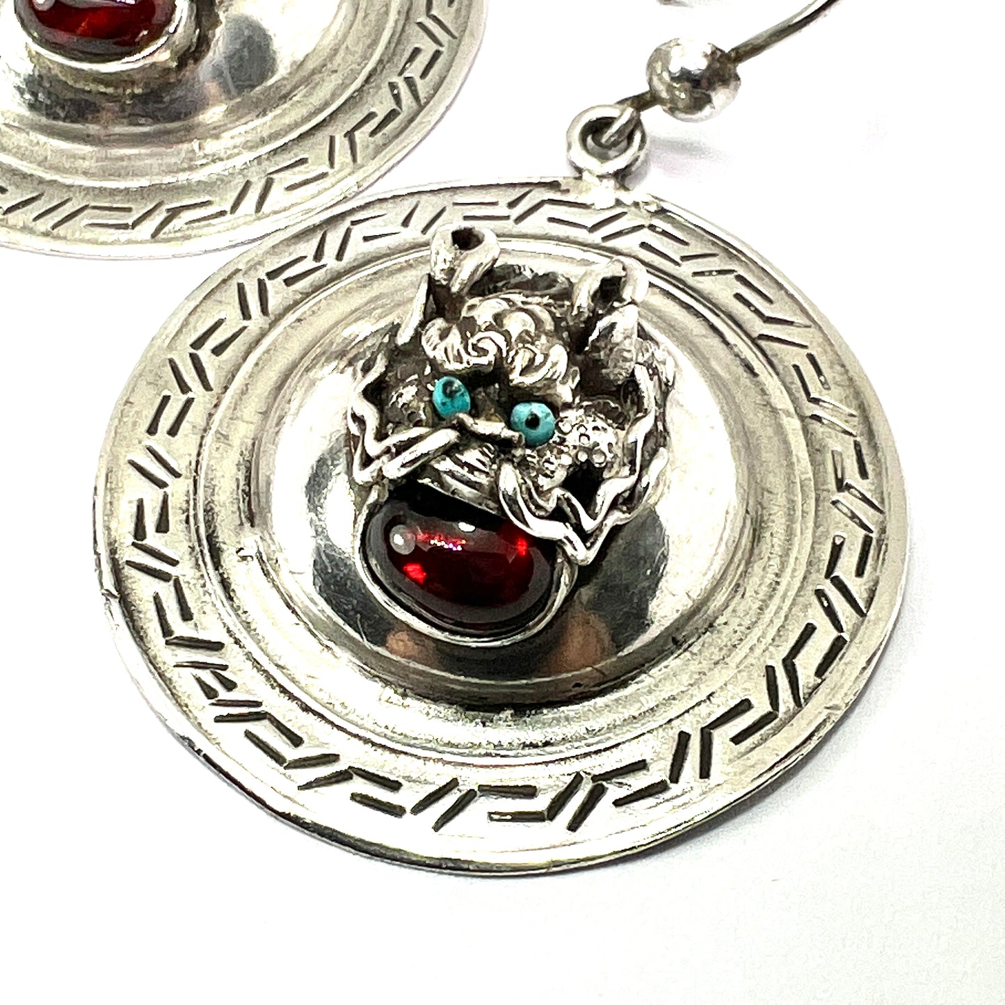 Vintage Silver Chinese Dragon Shield Earrings