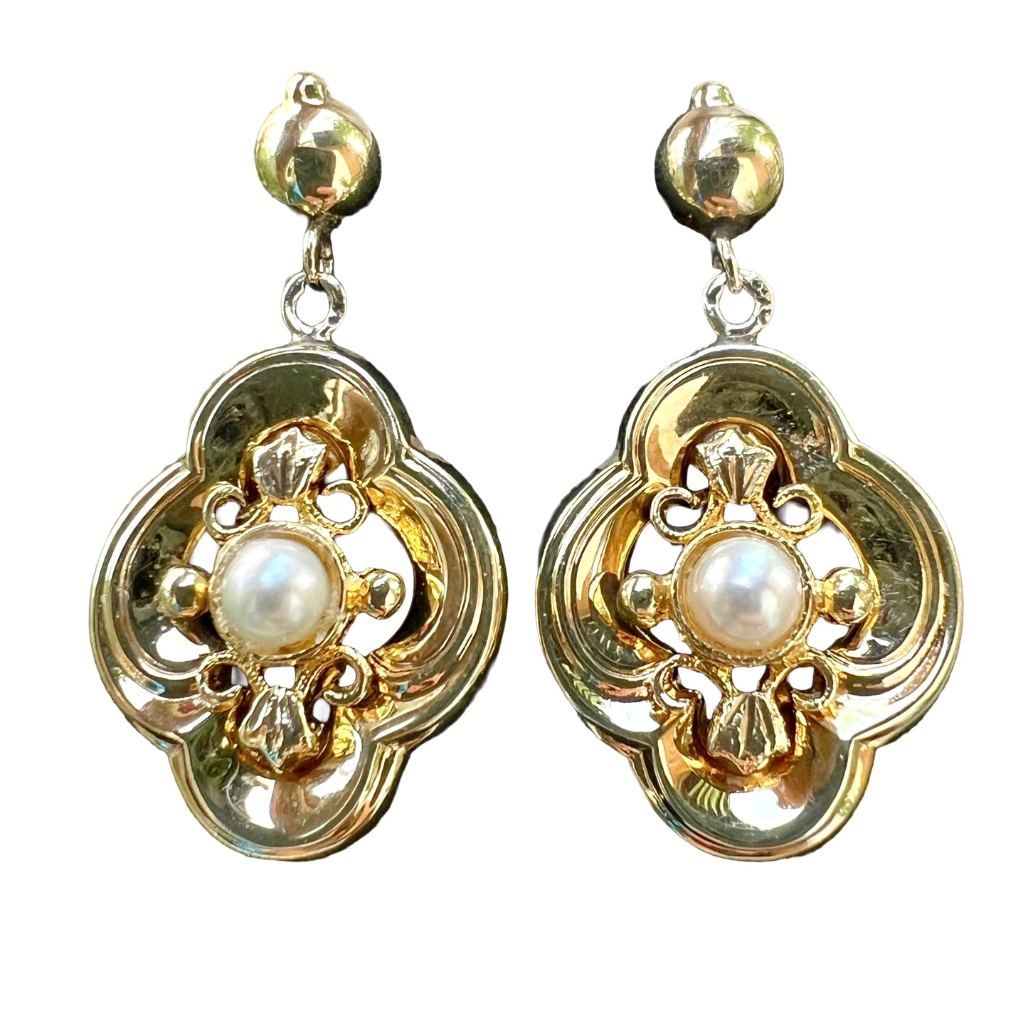 Victorian Style 9CT Gold Quatrefoil Pearl Earrings