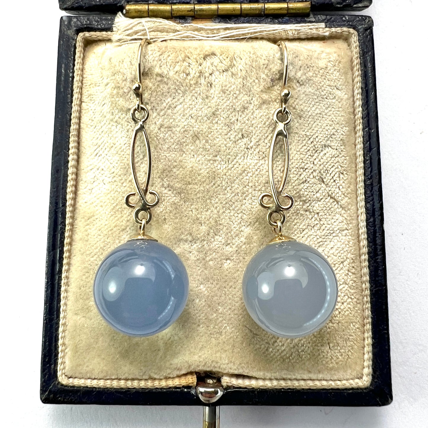 Antique 9CT Gold Chalcedony Orb Drop Earrings