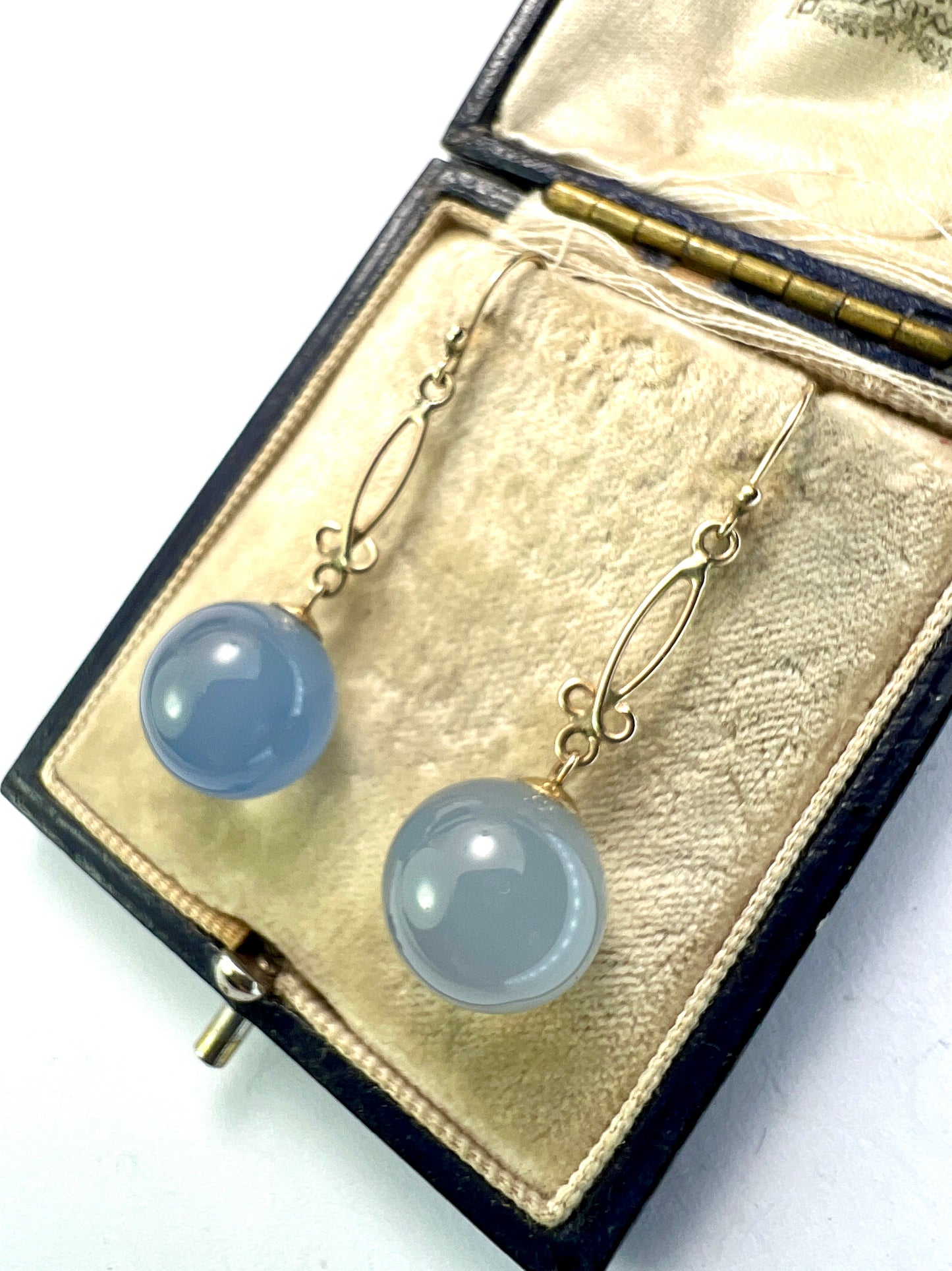 Antique 9CT Gold Chalcedony Orb Drop Earrings