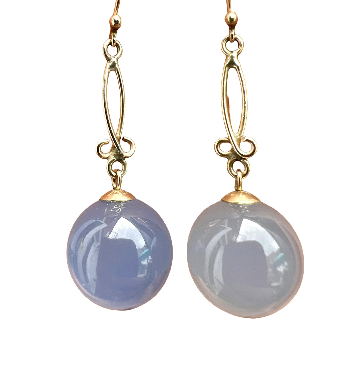Antique 9CT Gold Chalcedony Orb Drop Earrings