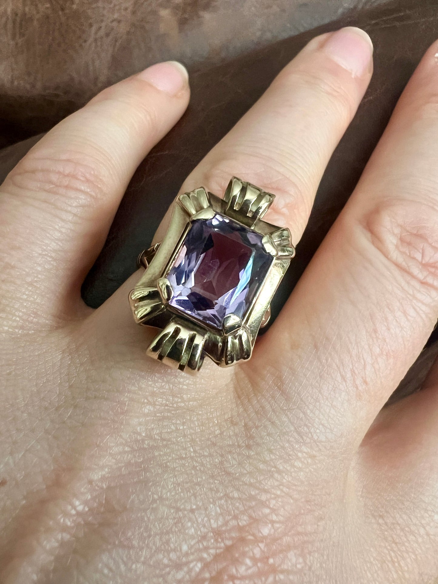 Chunky Vintage Late Art Deco Gold Amethyst Earrings