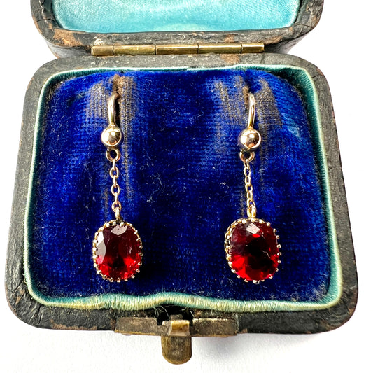 Edwardian 9CT Gold Ruby Chain Drop Earrings