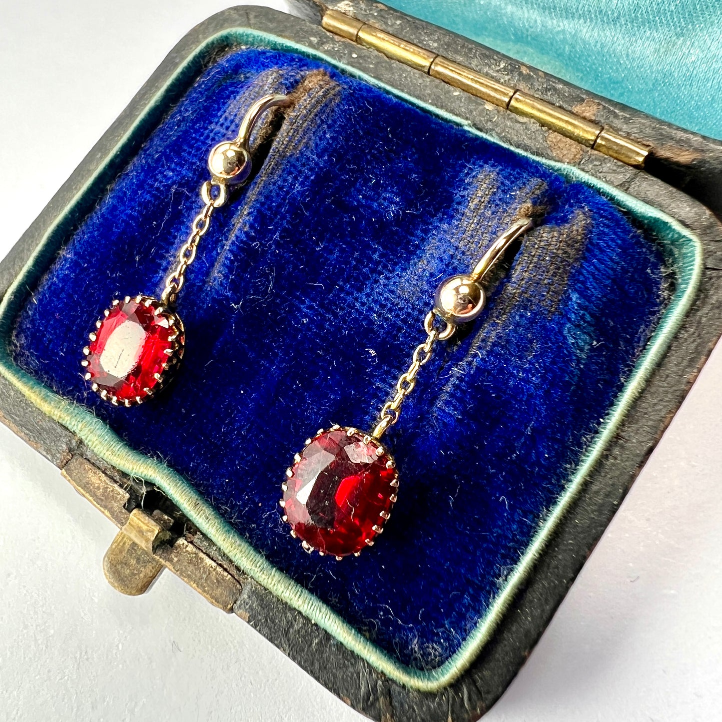 Edwardian 9CT Gold Ruby Chain Drop Earrings
