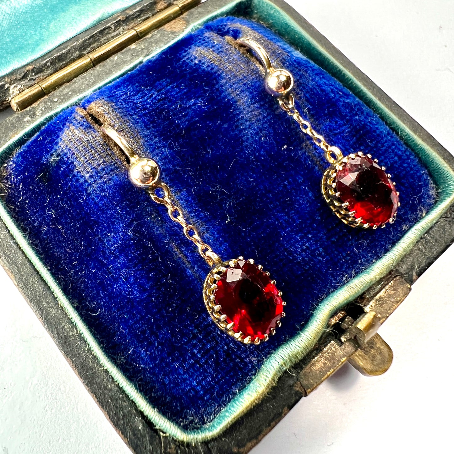 Edwardian 9CT Gold Ruby Chain Drop Earrings