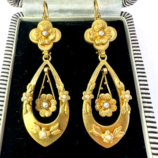 Late Victorian Gold and Pearl Flower Earrings