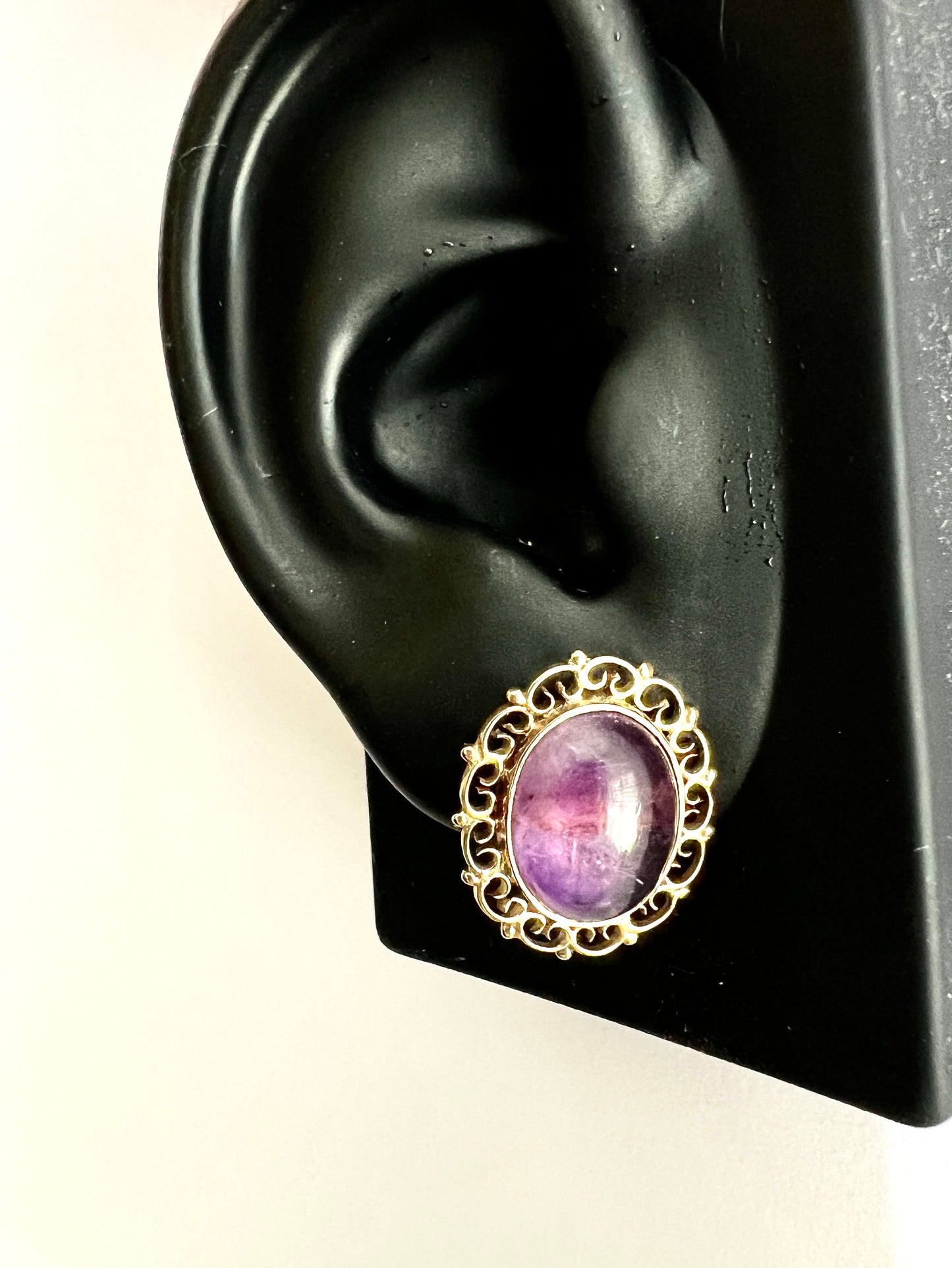 Large Amethyst Cabochon Gold Filigree Stud Earrings