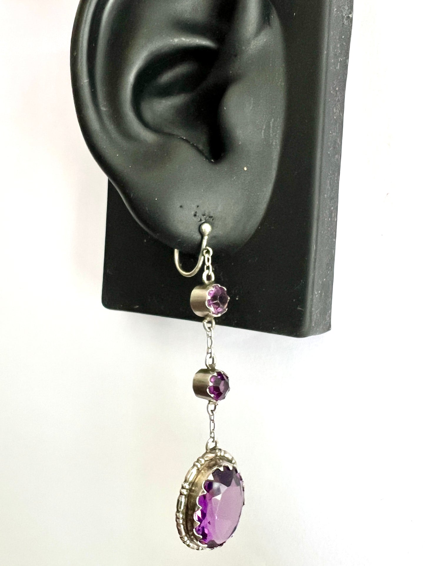Art Deco Amethyst Paste Silver Screwback Earrings