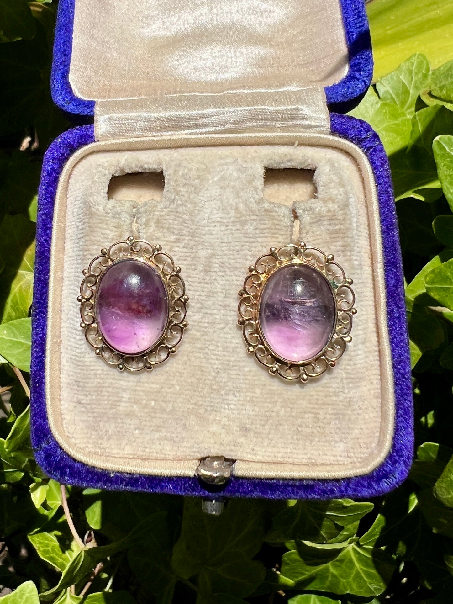 Large Amethyst Cabochon Gold Filigree Stud Earrings