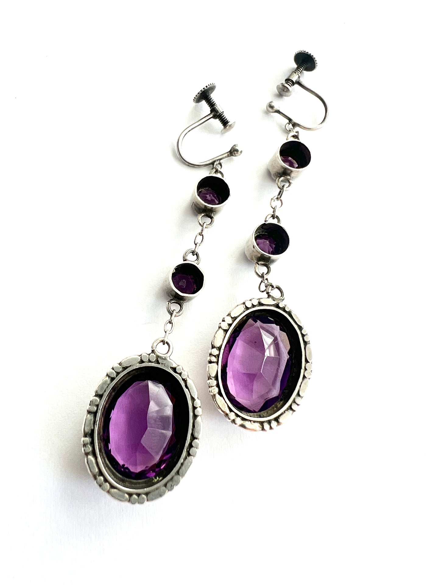 Art Deco Amethyst Paste Silver Screwback Earrings