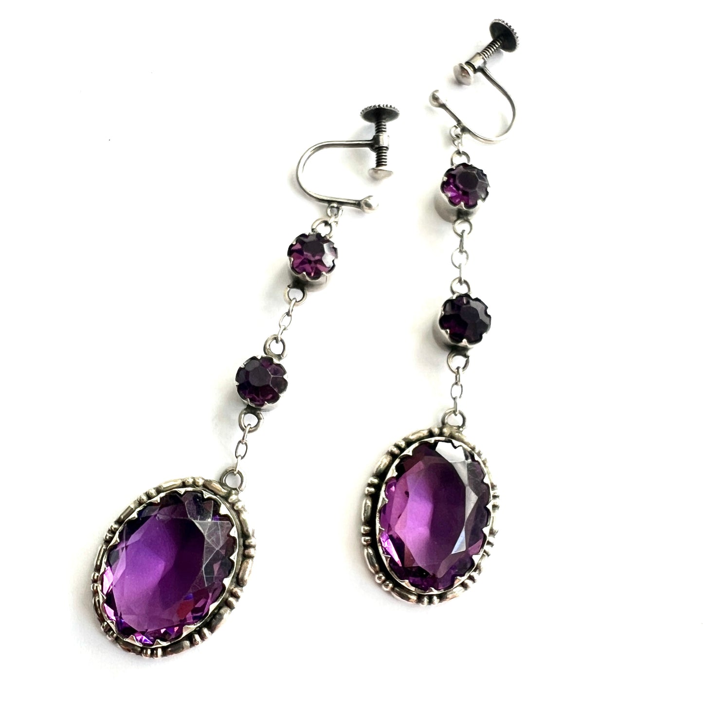 Art Deco Amethyst Paste Silver Screwback Earrings