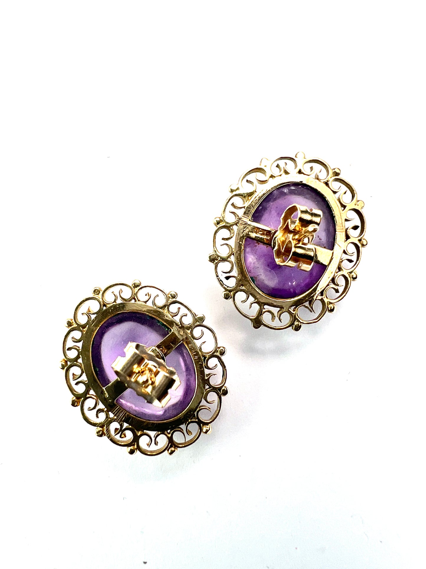 Large Amethyst Cabochon Gold Filigree Stud Earrings