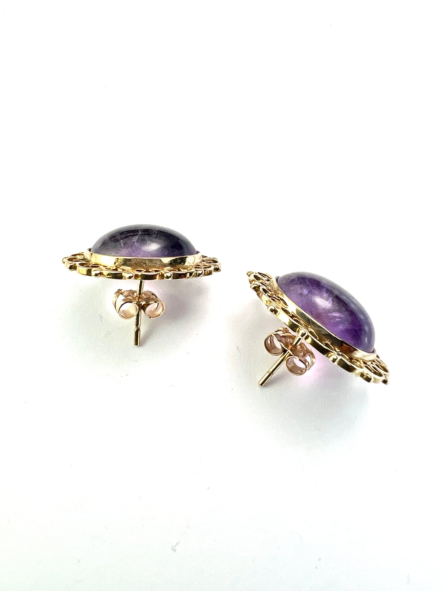 Large Amethyst Cabochon Gold Filigree Stud Earrings