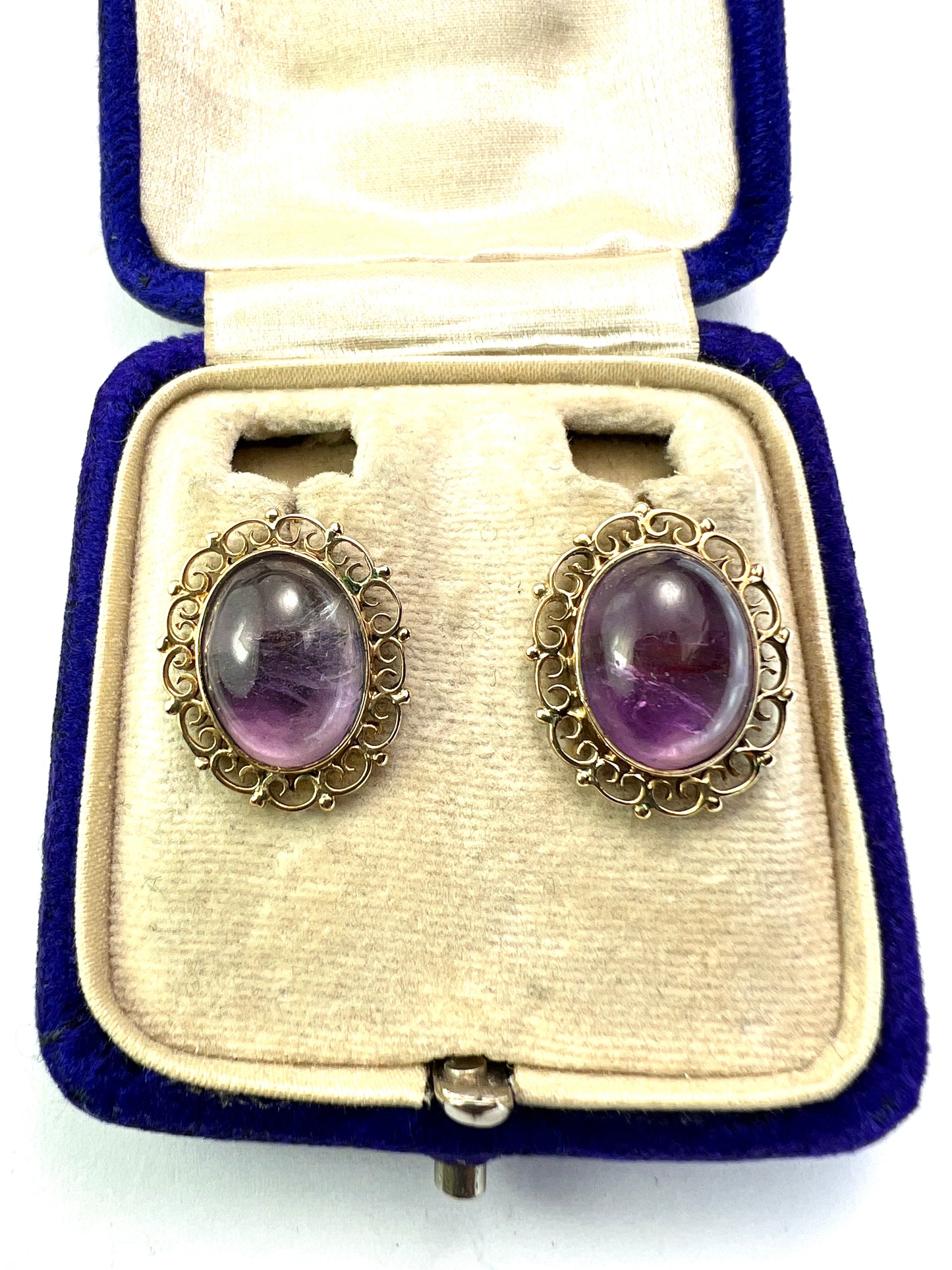 Large Amethyst Cabochon Gold Filigree Stud Earrings