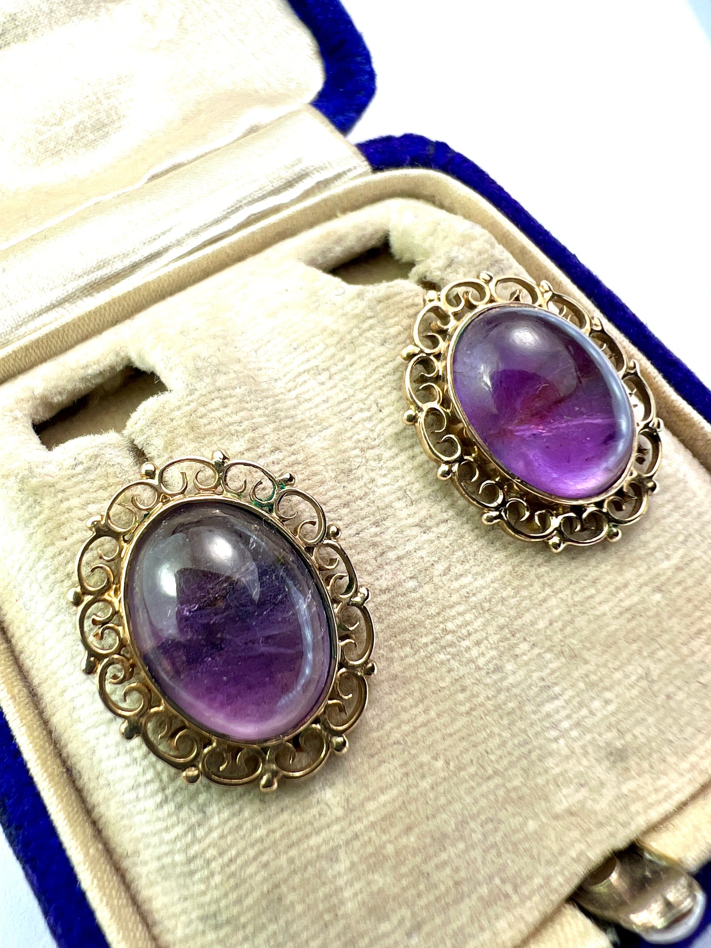 Large Amethyst Cabochon Gold Filigree Stud Earrings