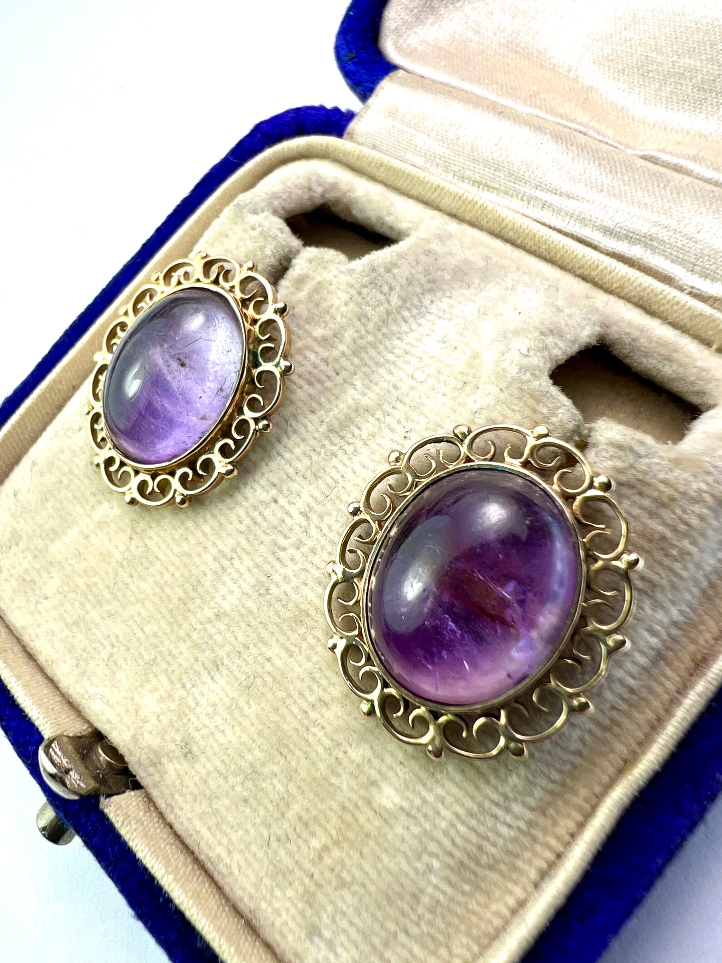 Large Amethyst Cabochon Gold Filigree Stud Earrings