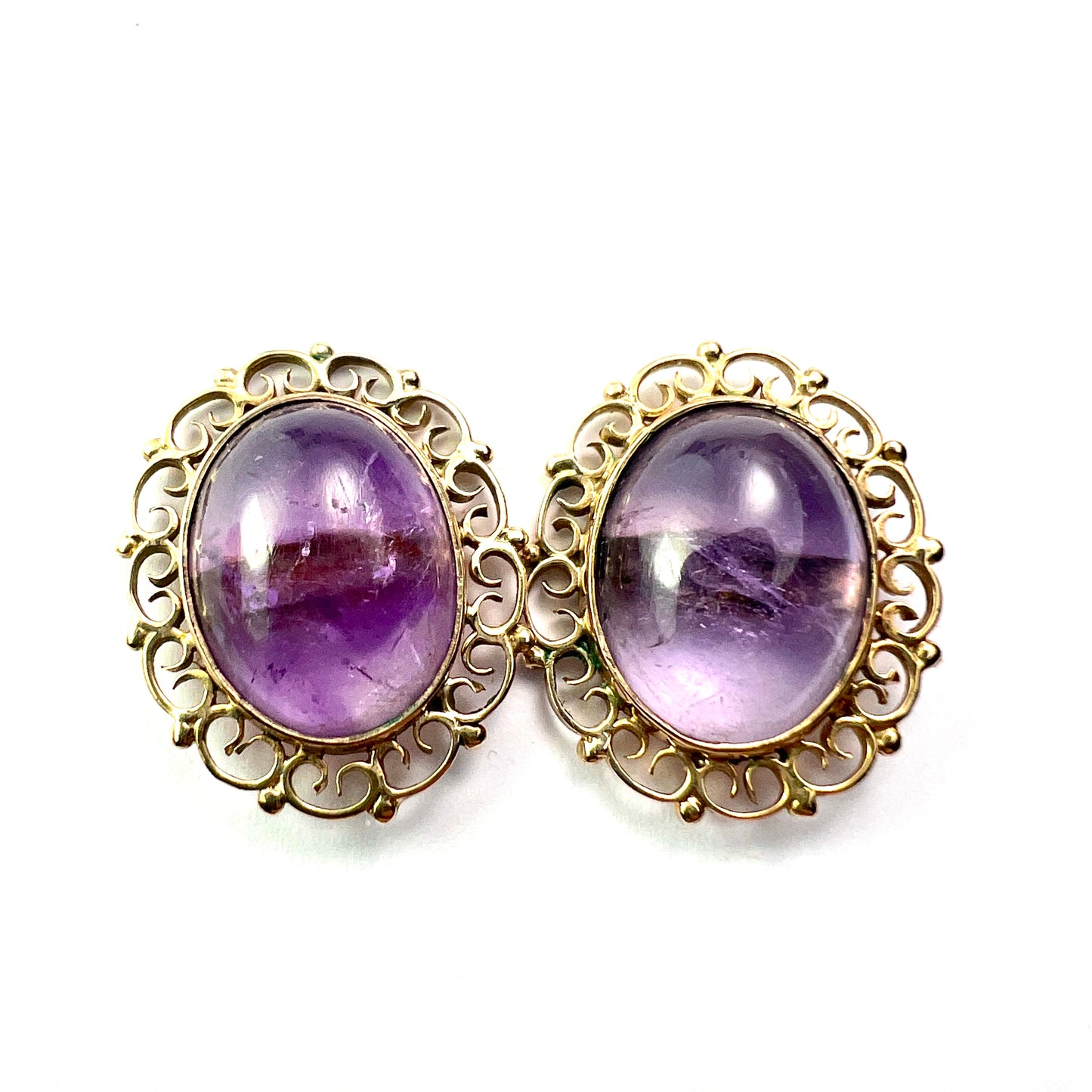 Large Amethyst Cabochon Gold Filigree Stud Earrings