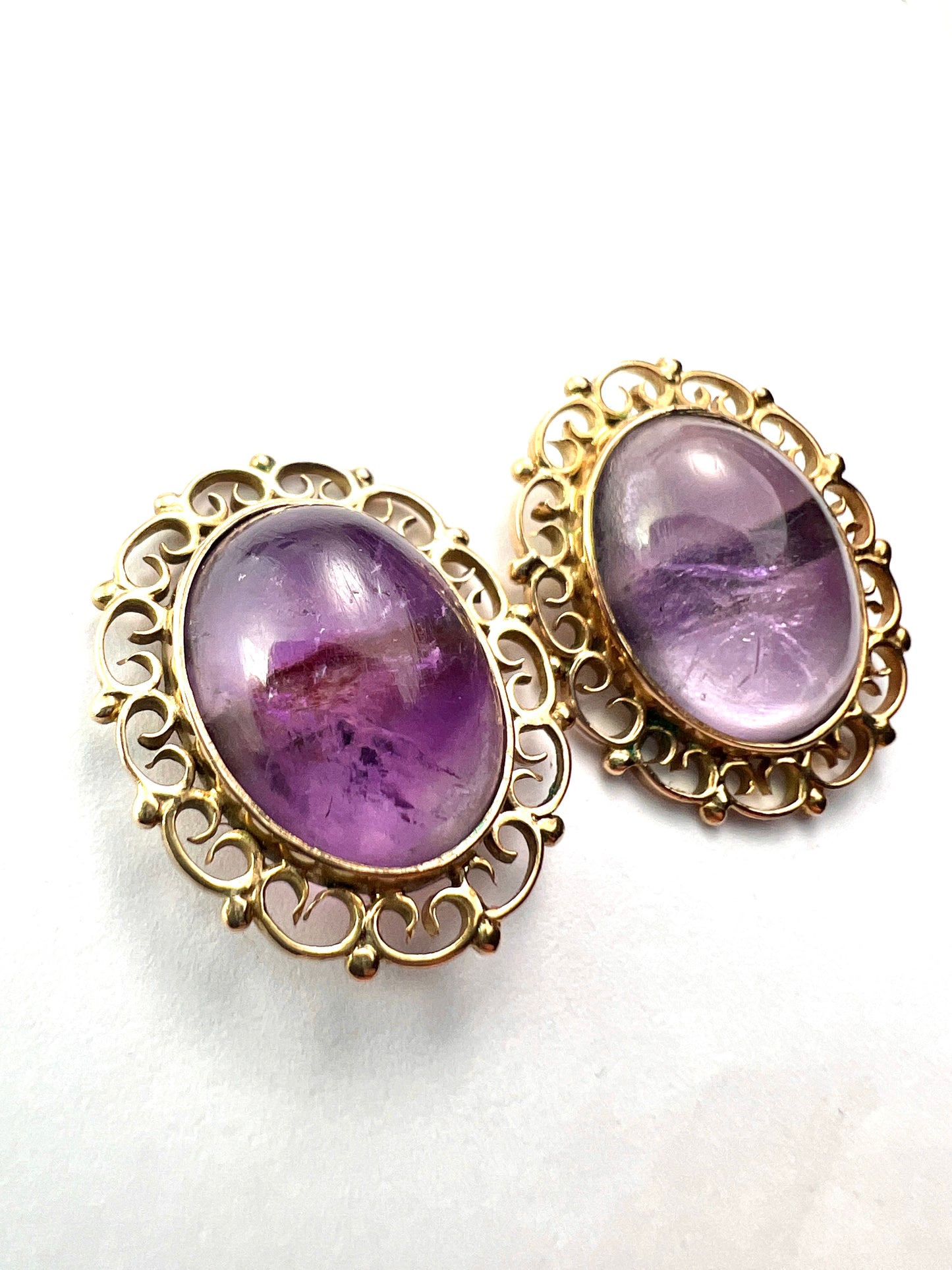 Large Amethyst Cabochon Gold Filigree Stud Earrings