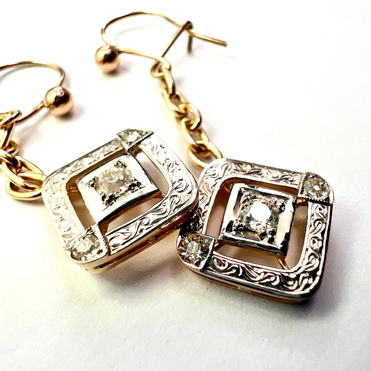 Edwardian Style Diamond Earrings in White and Yellow Gold