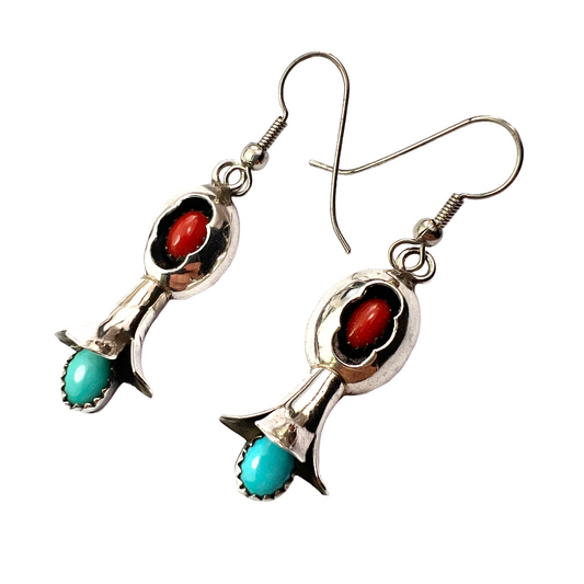 Vintage Navajo Coral and Turquoise Silver Drop Earrings
