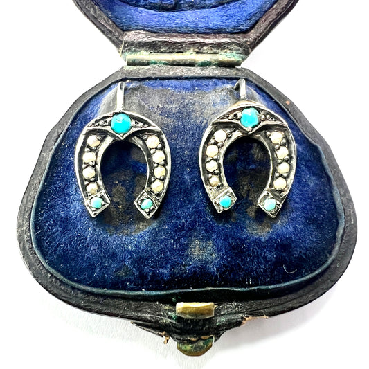 Victorian Turquoise and Pearl Sterling Silver Lucky Horseshoe Earrings