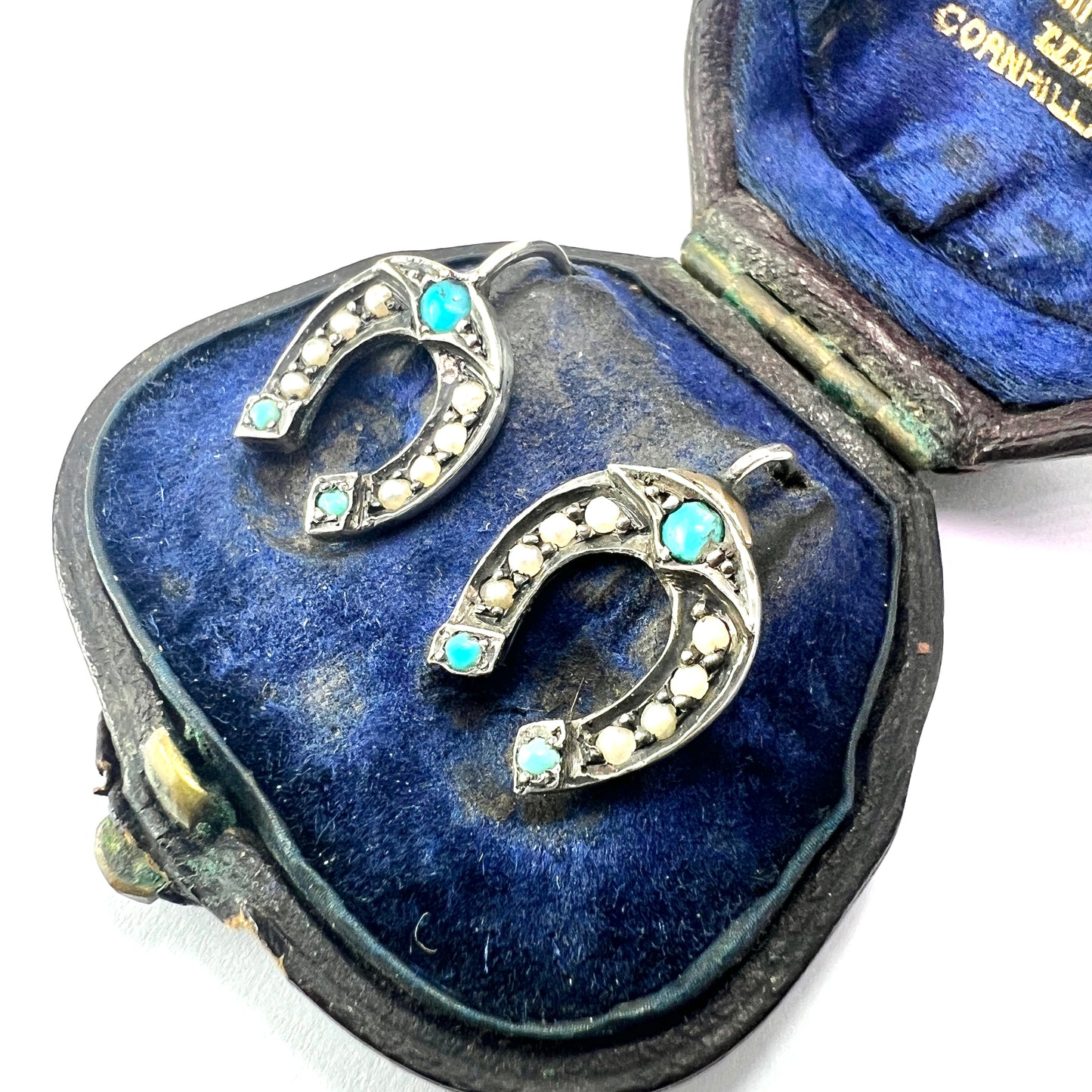 Victorian Turquoise and Pearl Sterling Silver Lucky Horseshoe Earrings