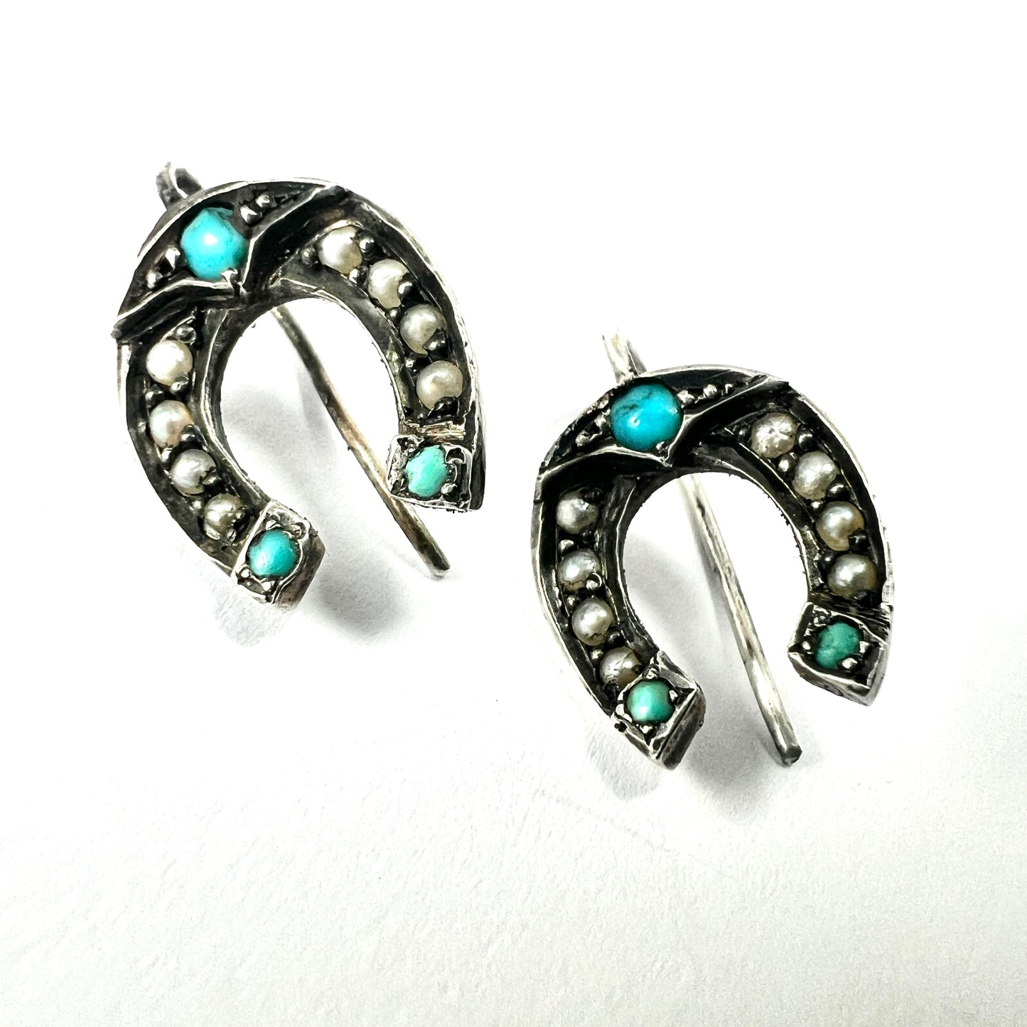 Victorian Turquoise and Pearl Sterling Silver Lucky Horseshoe Earrings