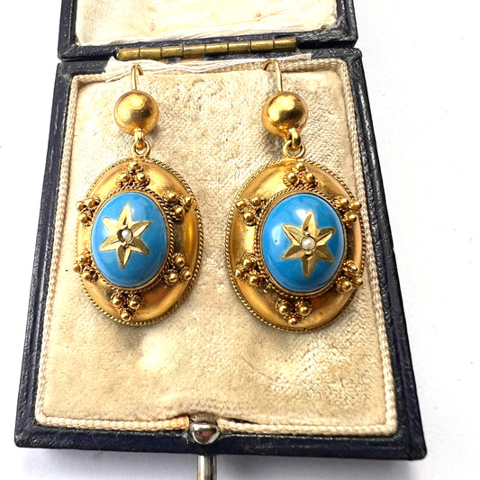 Victorian Turquoise Enamel Gilt Star Earrings