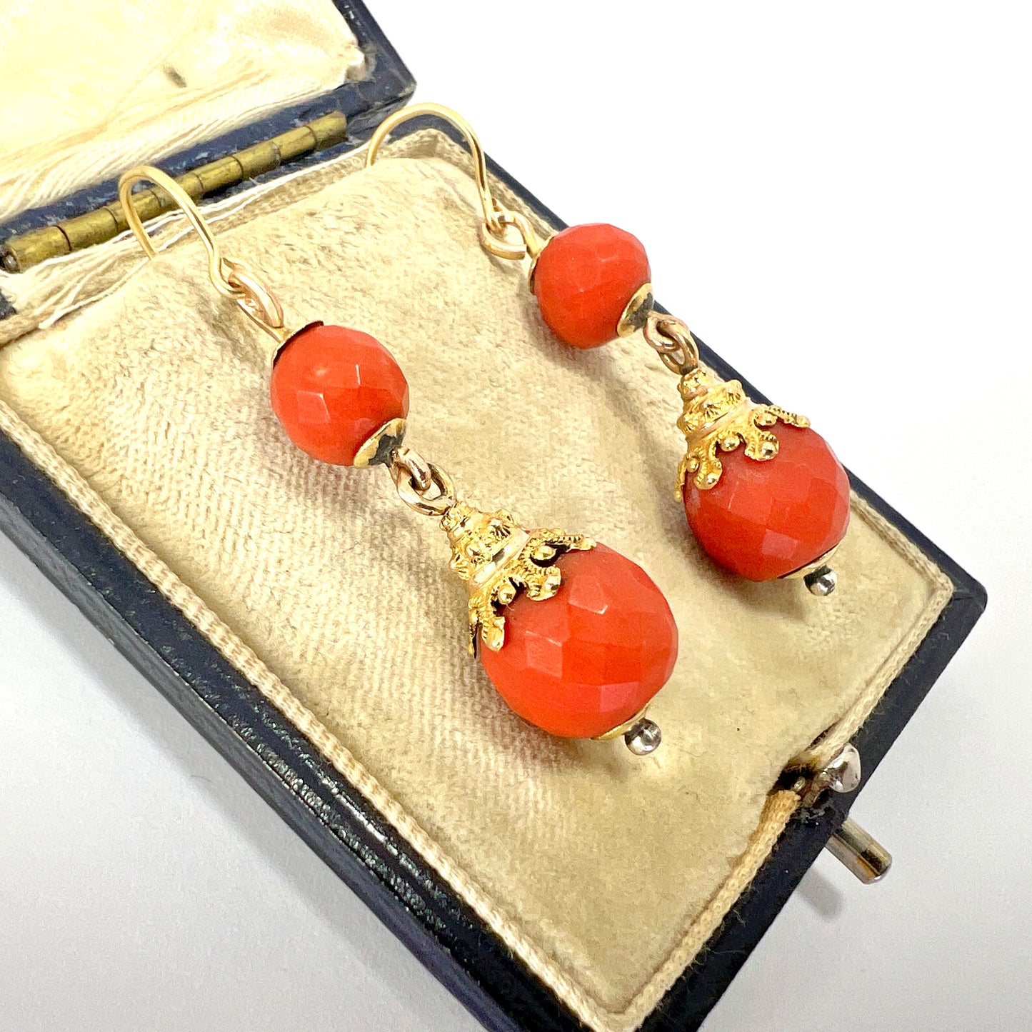 Victorian Etruscan Coral 18CT Gold Earrings