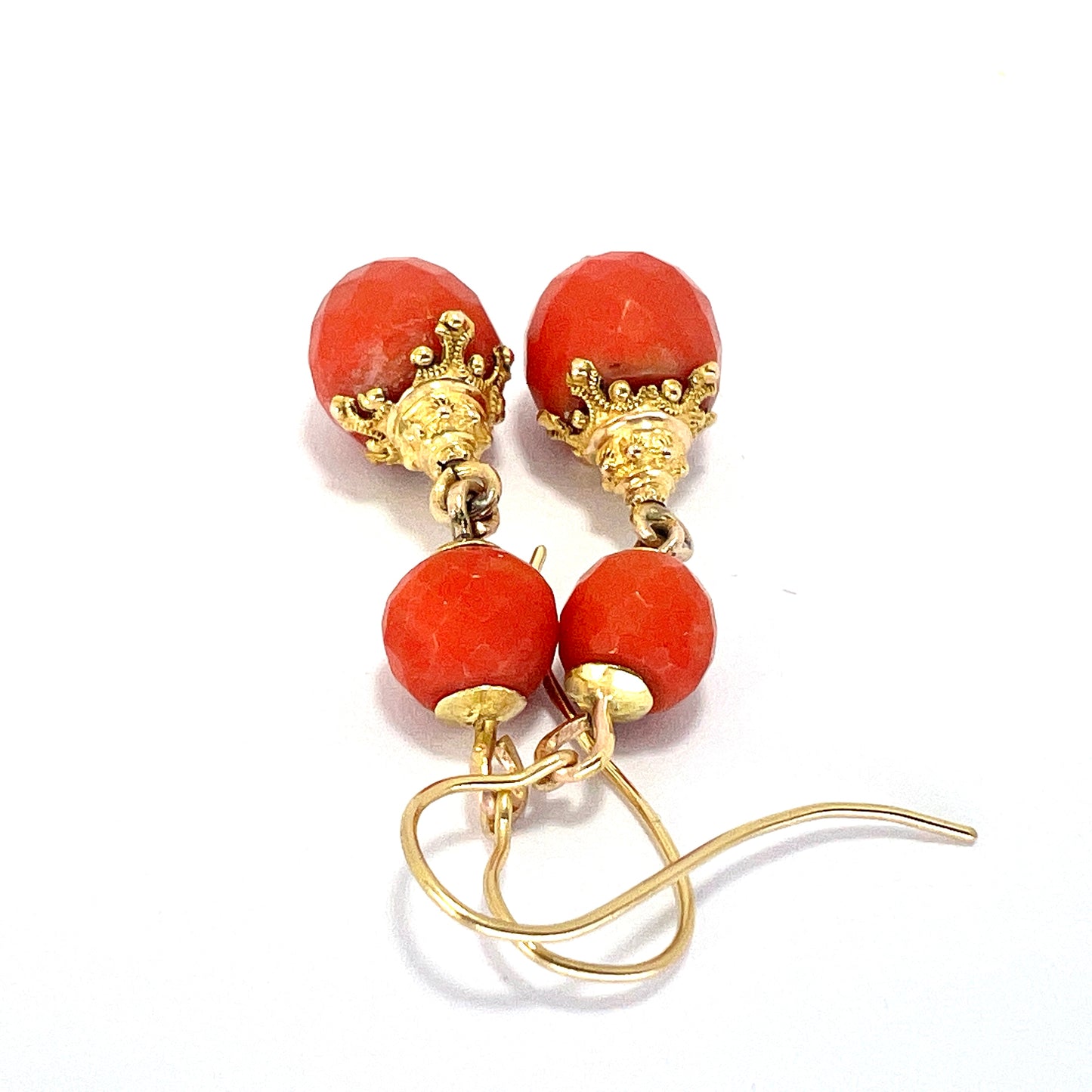 Victorian Etruscan Coral 18CT Gold Earrings